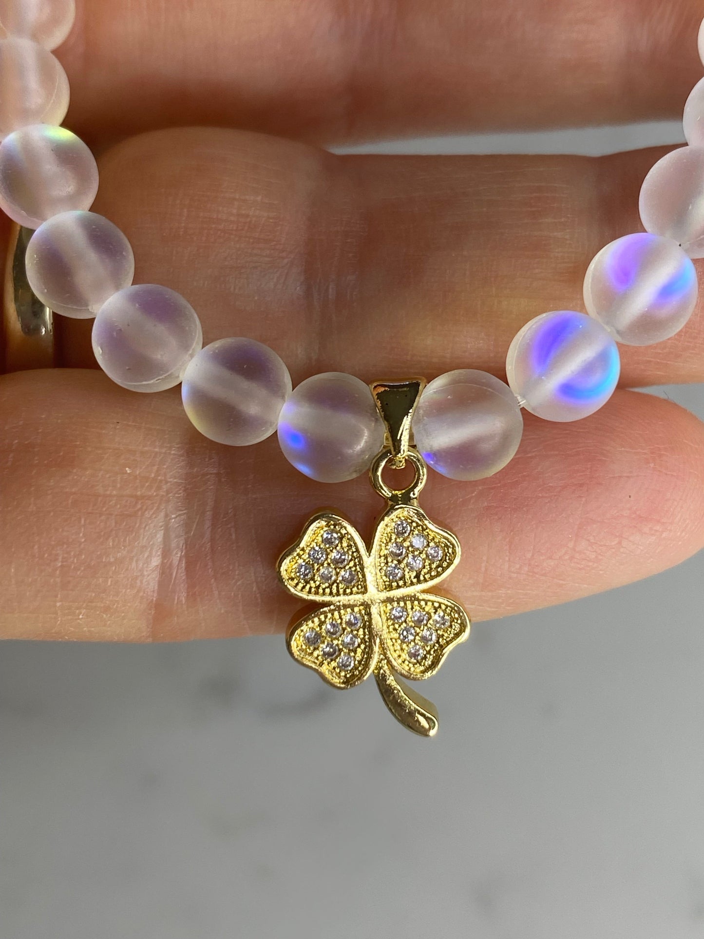 Mermaid glass bead bracelet with lucky clover gold plated micro pave charm 🍀