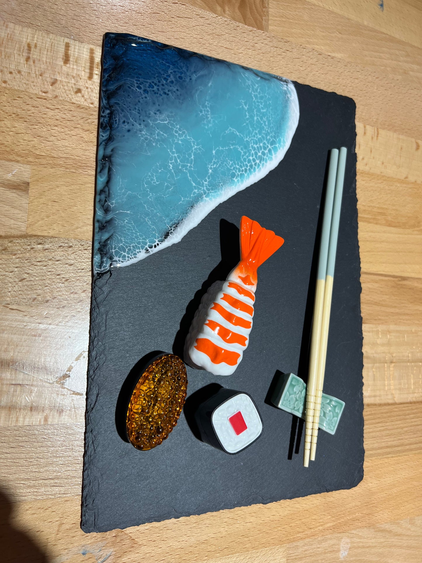 Mini Ocean wave resin on slate sushi board