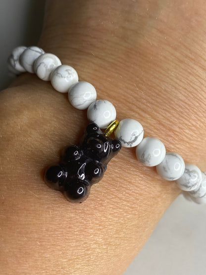 Natural gemstone bracelet with black resin gummy bear.