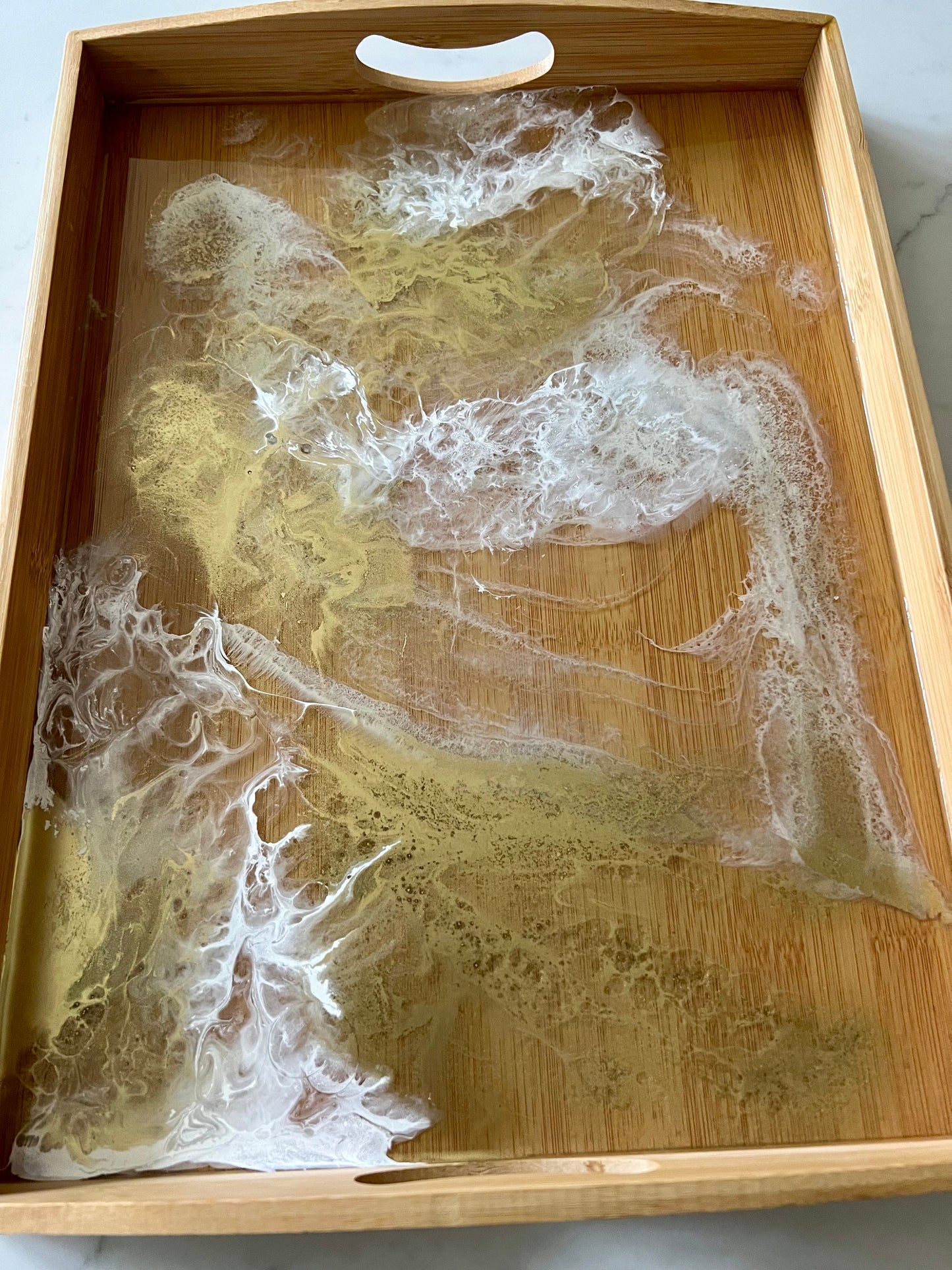 Gold and white bamboo wood tray