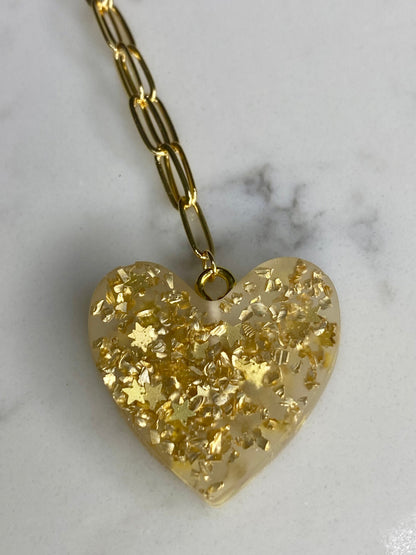 Gold plated paperclip chain necklace with hand poured gold resin heart