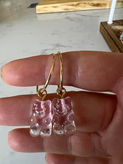 Mini sparkly pink gummy bears in gold fill hoops