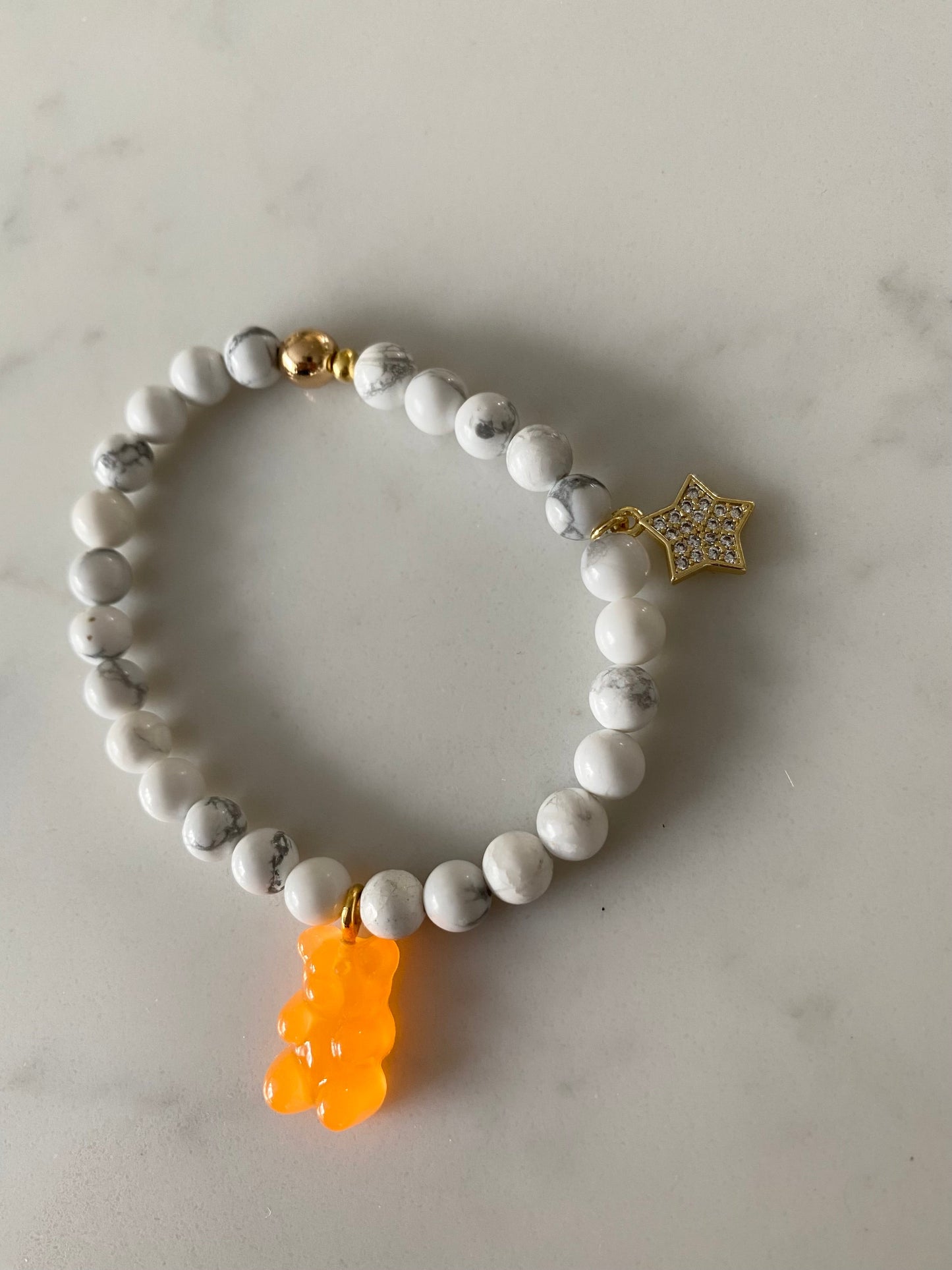 Natural gemstone bracelet with pave gold plated charm and resin gummy bear