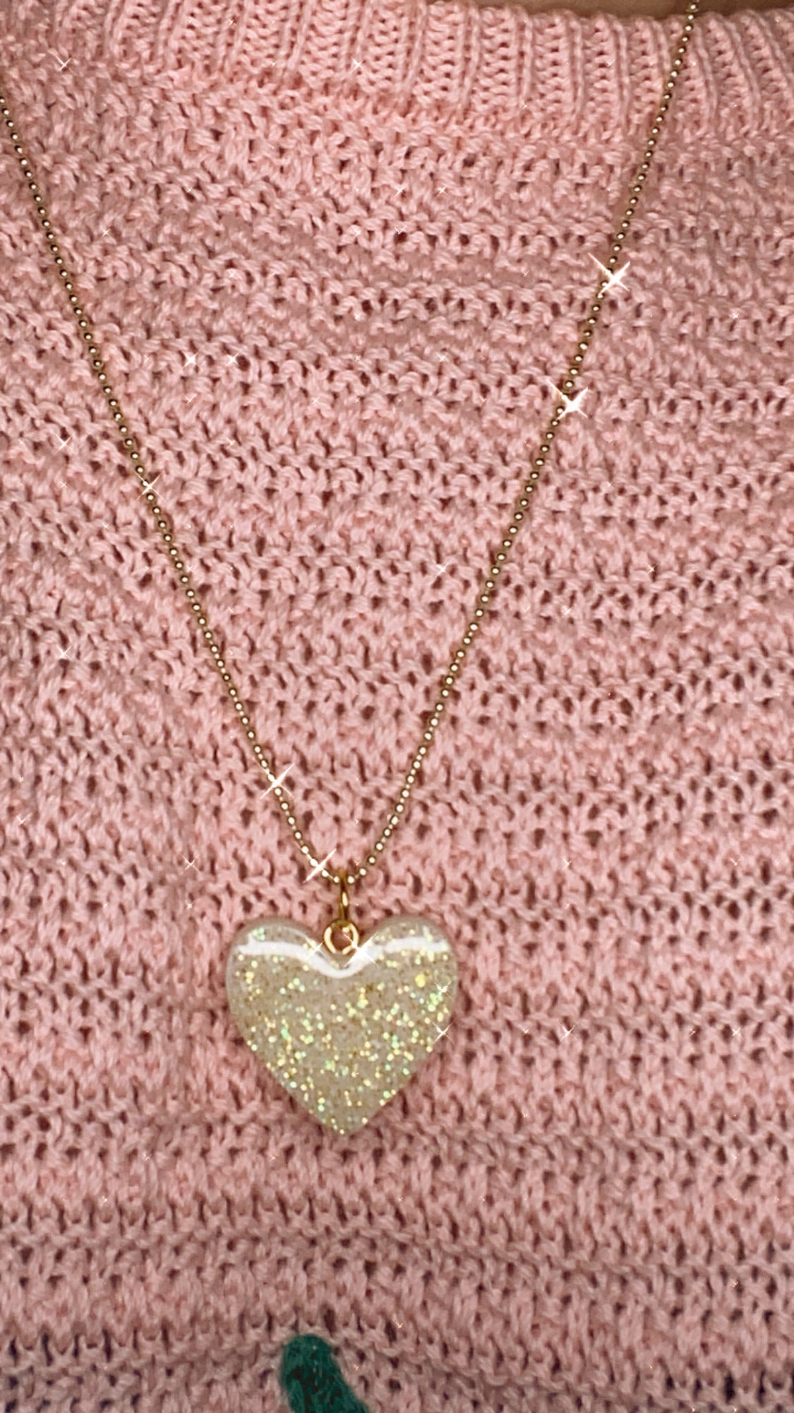 Gold resin heart necklace with 14k paper lip style trendy necklace. (Not ball chain seen here)