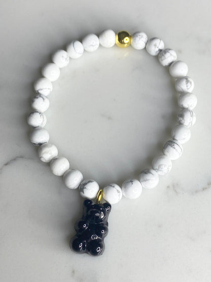 Natural gemstone bracelet with black resin gummy bear.