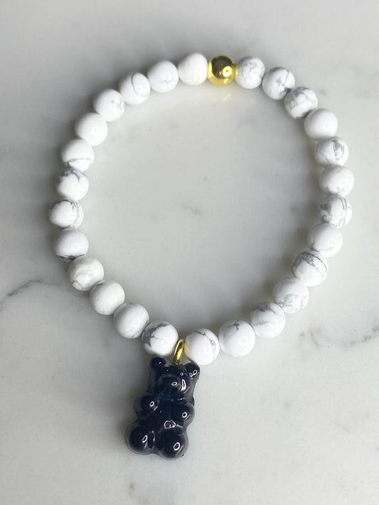 Natural gemstone bracelet with black resin gummy bear.