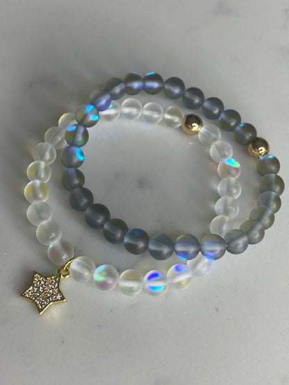 Mermaid glass stackable bracelet set with micropave star charm ⭐️