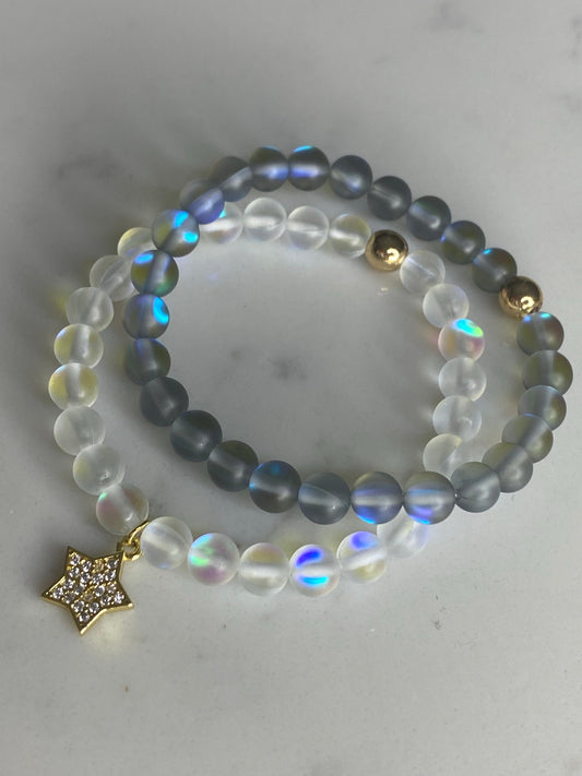 Mermaid glass stackable bracelet set with micropave star charm ⭐️