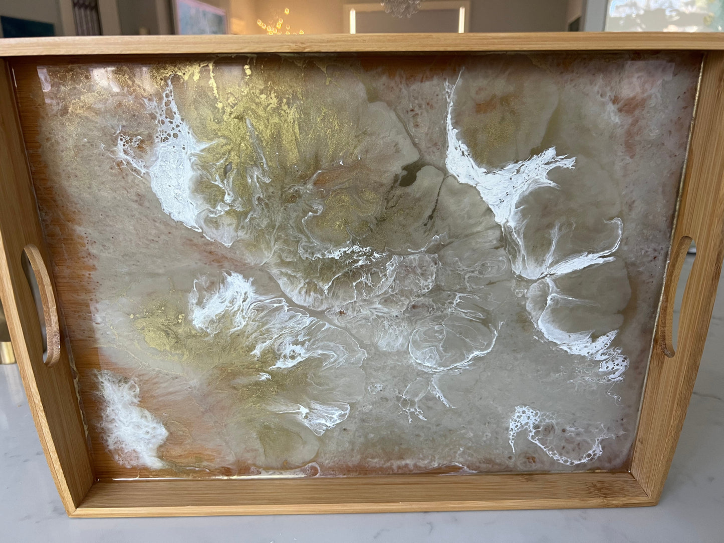 Taupe, gold and white bamboo wood tray
