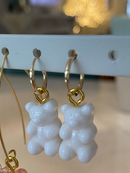 Gold filled Huggies with white resin gummy bear charms