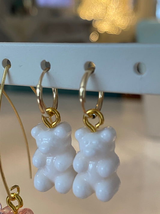 Gold filled Huggies with white resin gummy bear charms