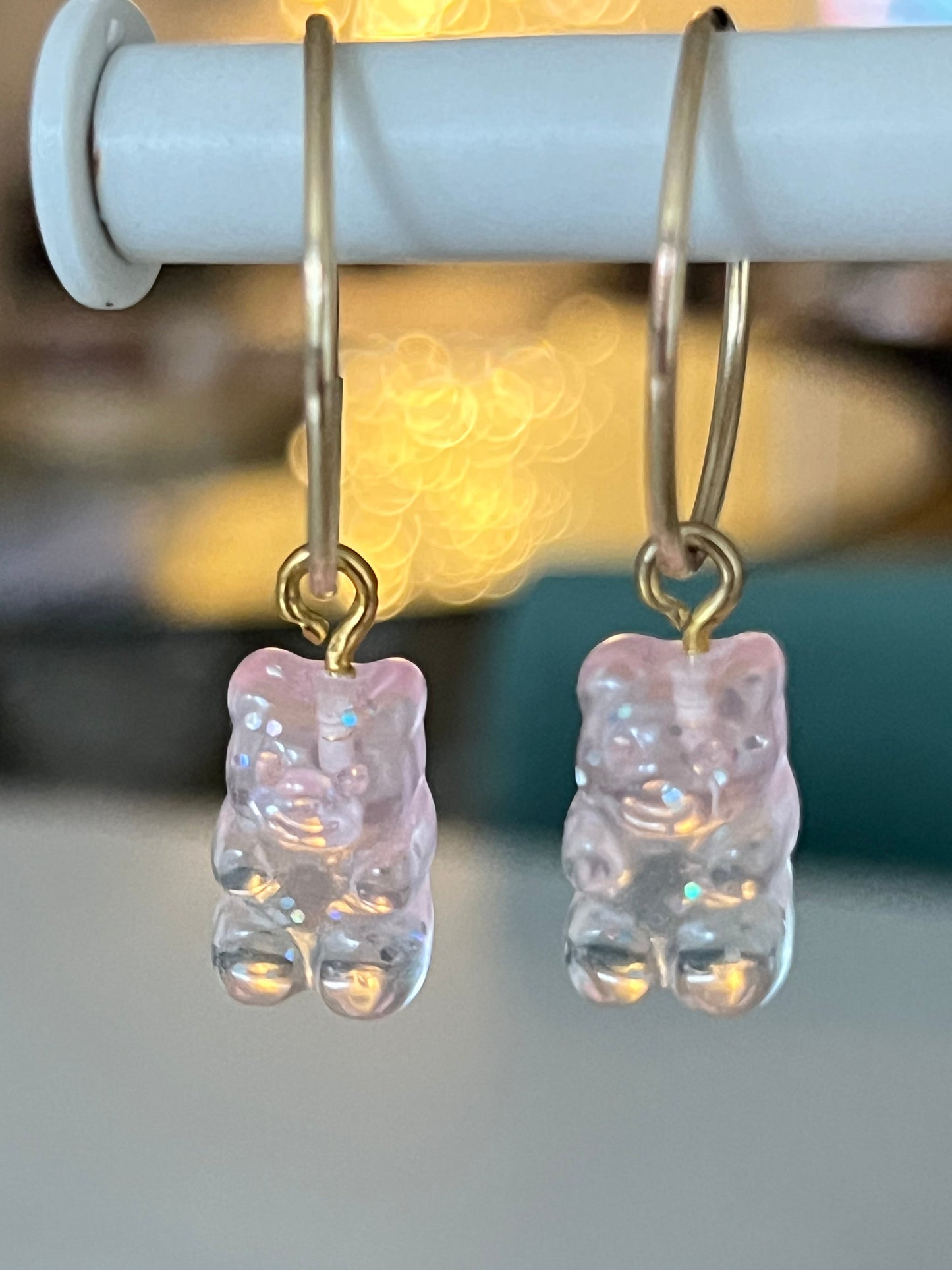 Mini sparkly pink gummy bears in gold fill hoops