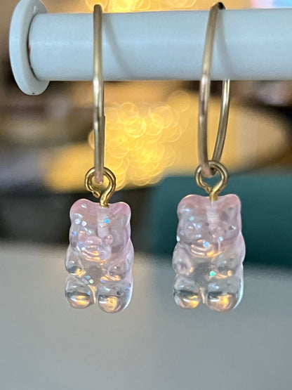 Mini sparkly pink gummy bears in gold fill hoops