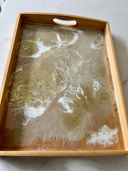 Taupe, gold and white bamboo wood tray