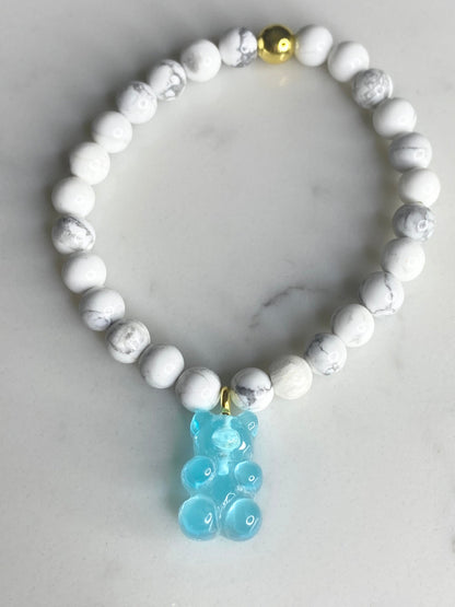 Natural gemstone bracelet with blue resin gummy bear.
