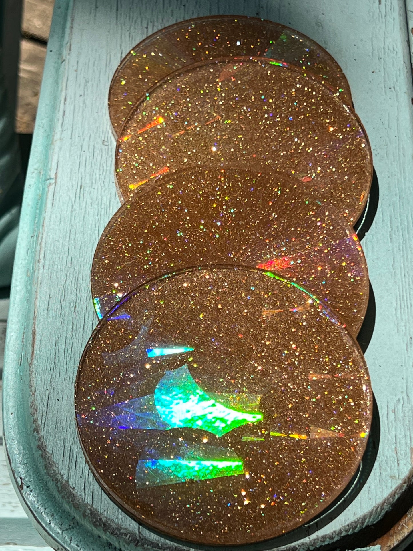 Holographic blush gold sparkle coasters