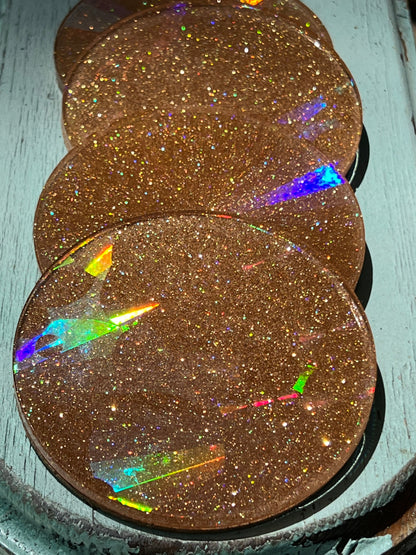 Holographic blush gold sparkle coasters