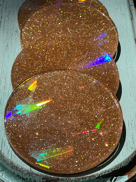 Holographic blush gold sparkle coasters