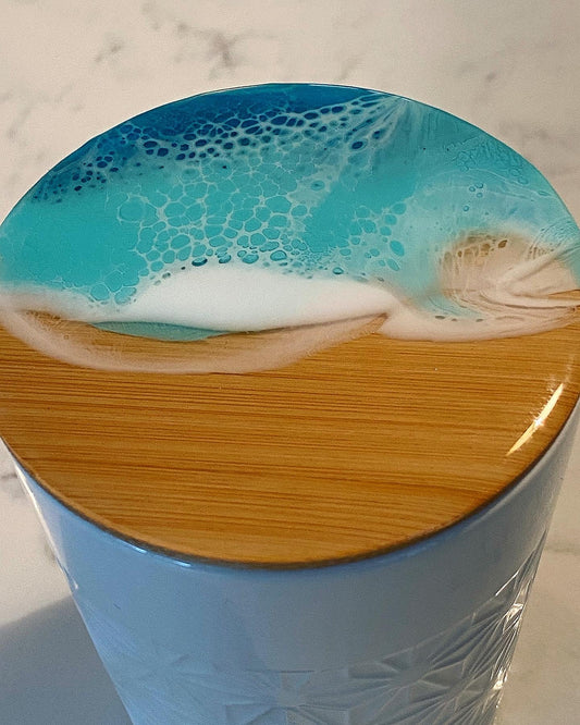 Ceramic canister with resin glazed bamboo lid
