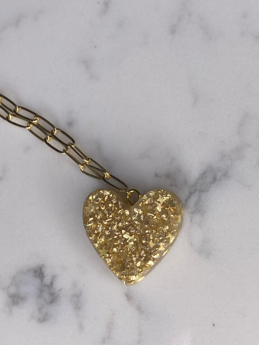 Gold plated paperclip chain necklace with hand poured gold resin heart