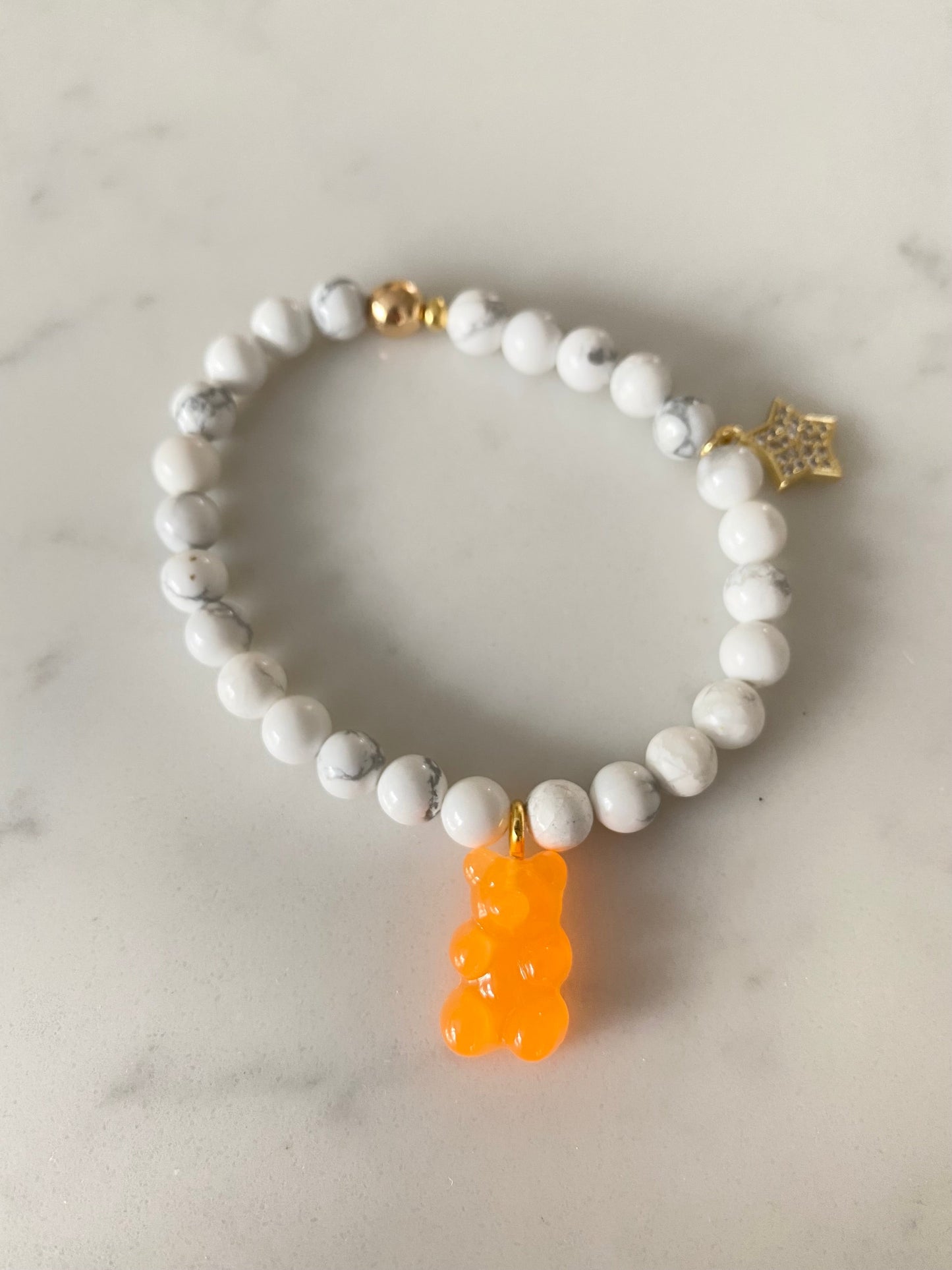 Natural gemstone bracelet with pave gold plated charm and resin gummy bear