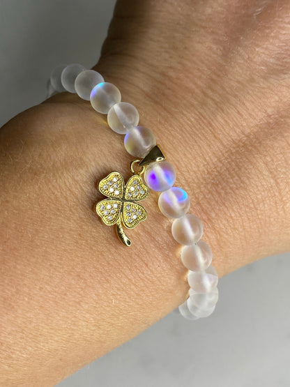 Mermaid glass bead bracelet with lucky clover gold plated micro pave charm 🍀