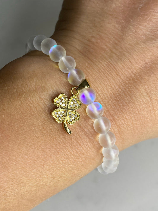 Mermaid glass bead bracelet with lucky clover gold plated micro pave charm 🍀