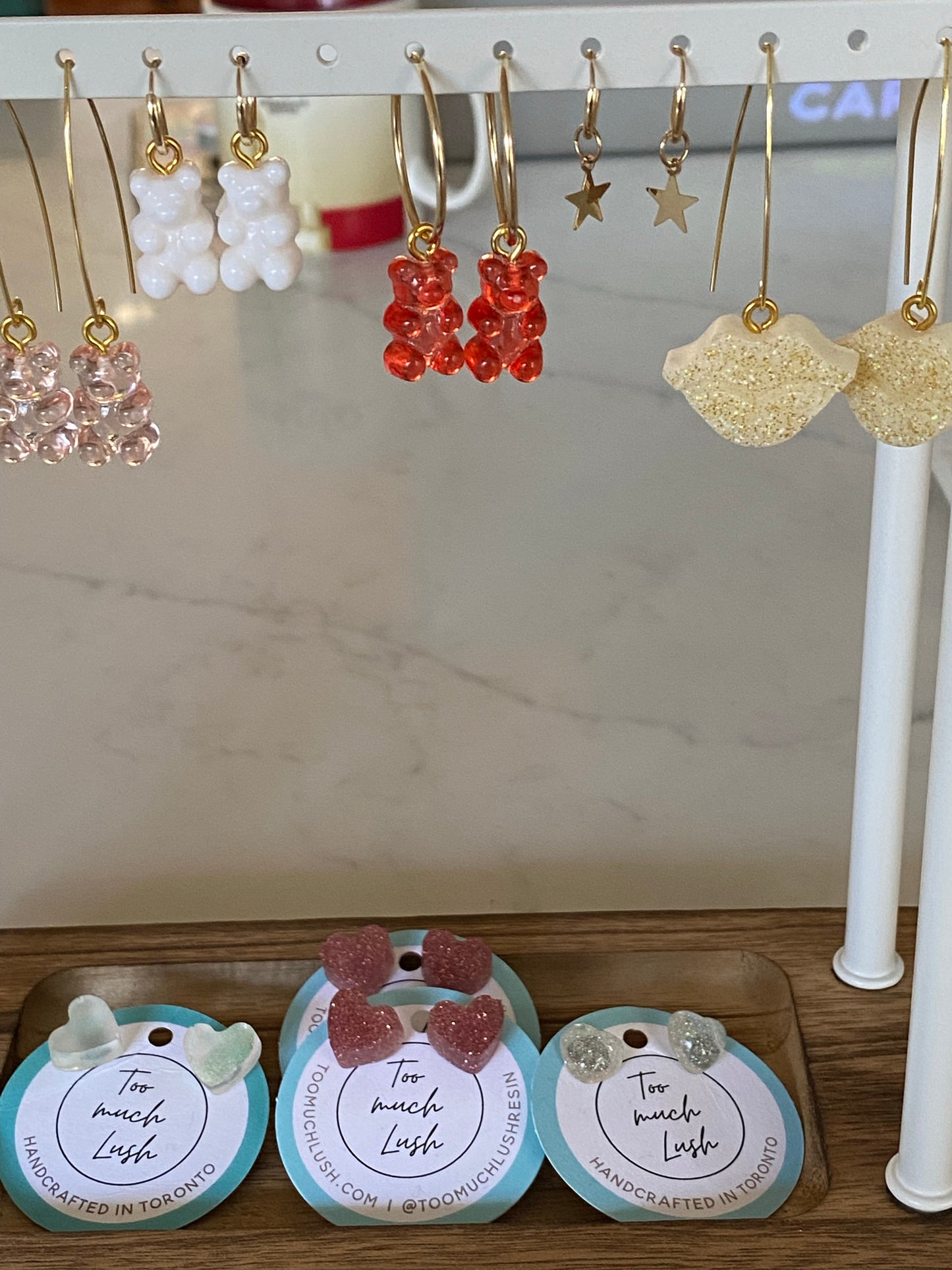 Gold filled hoops with gummy bear