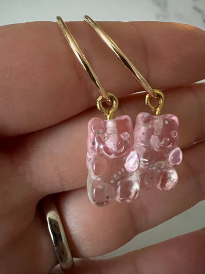 Mini sparkly pink gummy bears in gold fill hoops