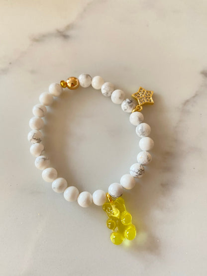 Natural gemstone bracelet with resin gummy bear charm and gold plated pave star charm