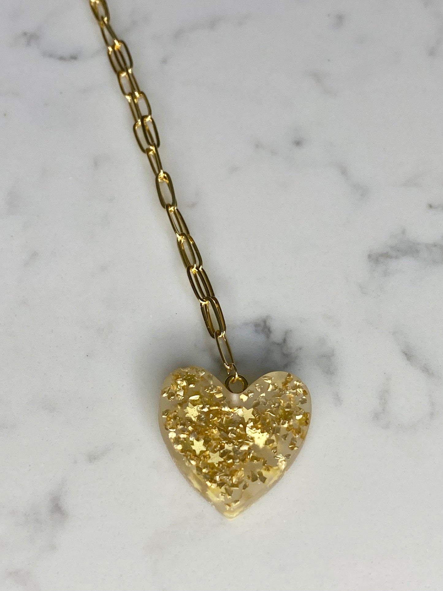 Gold plated paperclip chain necklace with hand poured gold resin heart