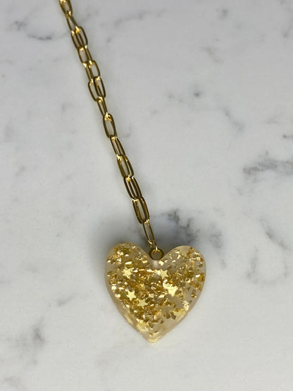 Gold plated paperclip chain necklace with hand poured gold resin heart