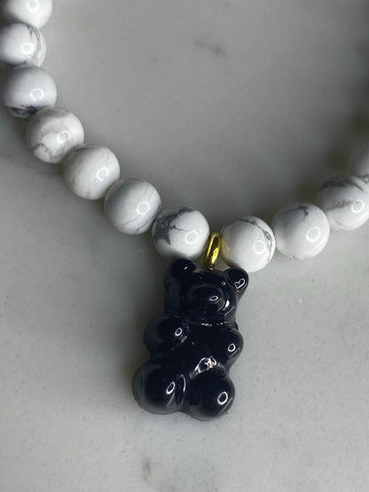 Natural gemstone bracelet with black resin gummy bear.