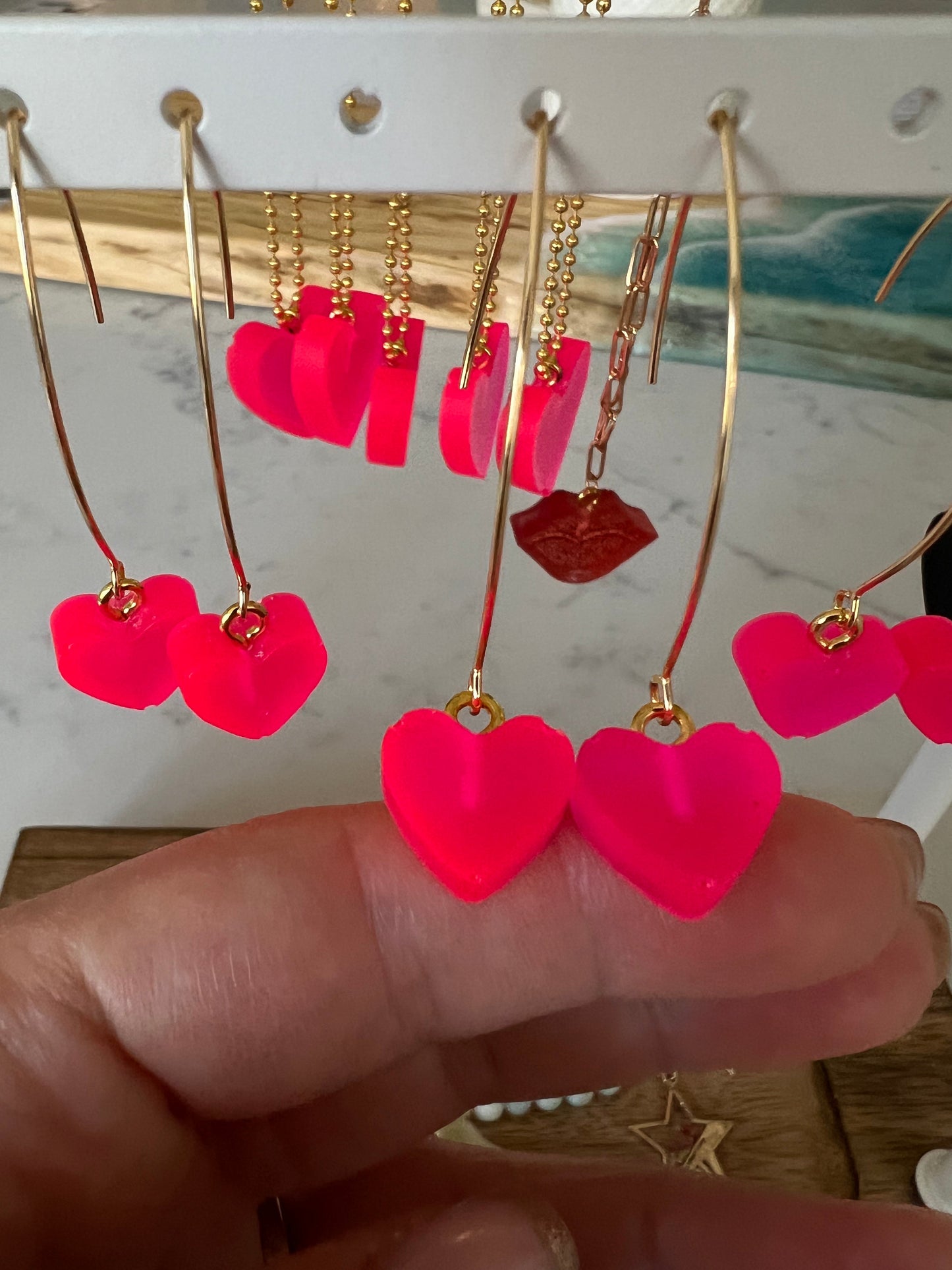 Hand poured mini neon heart  resin earrings