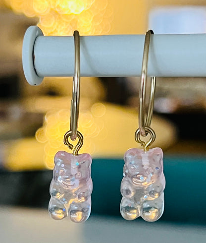 Mini sparkly pink gummy bears in gold fill hoops