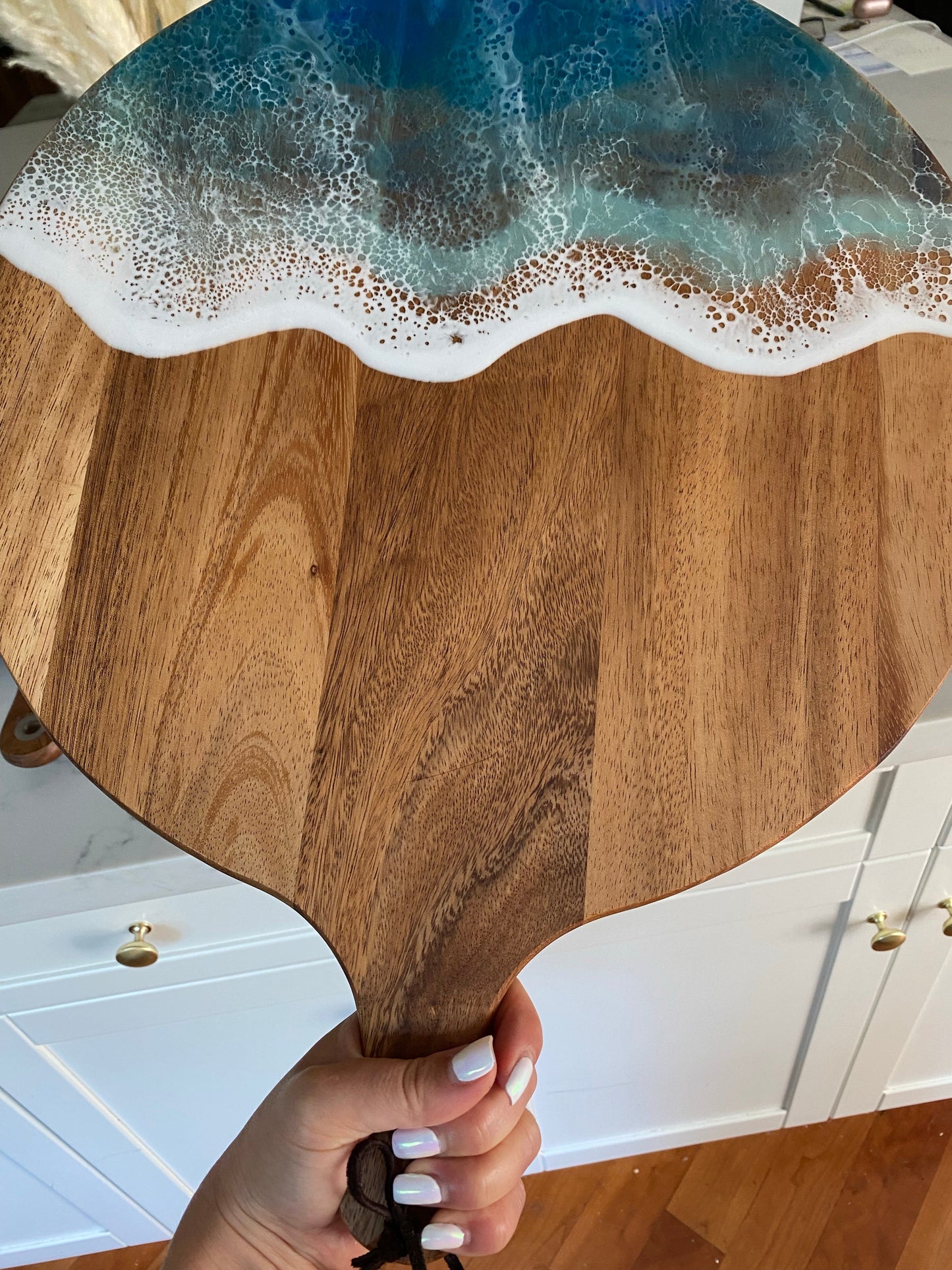 Round triple blue wave charcuterie board for Momsy!