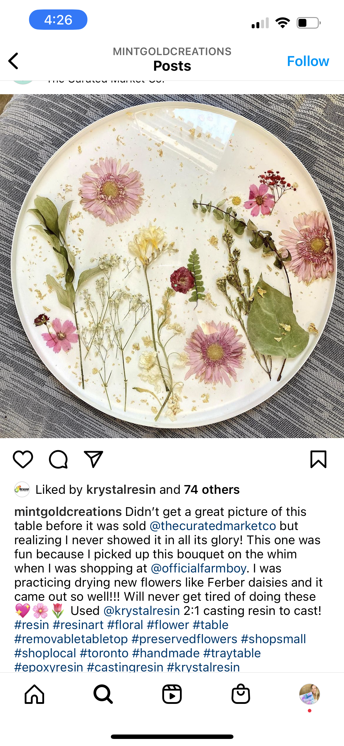 Large round bamboo serving tray with resin ocean
