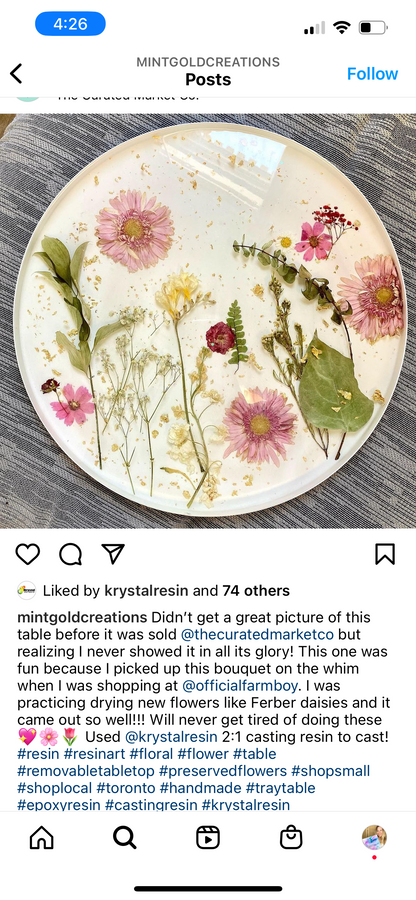 Large round bamboo serving tray with resin ocean