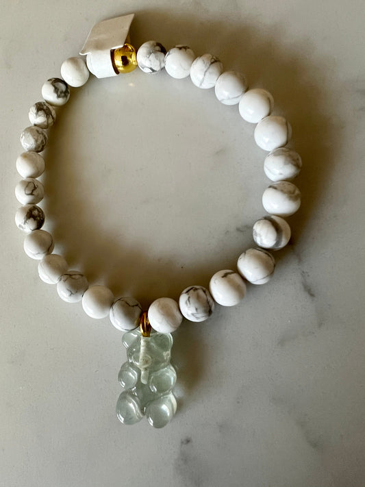 Gemstone bracelet with pale blue resin gummy bear.