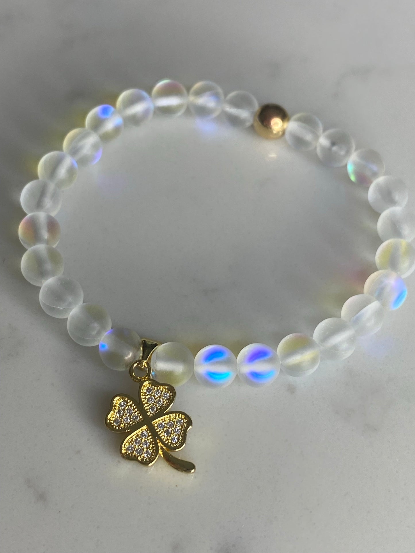 Mermaid glass bead bracelet with lucky clover gold plated micro pave charm 🍀