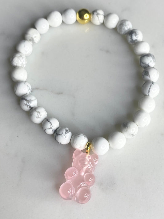 Natural gemstone bracelet with pink resin gummy bear.