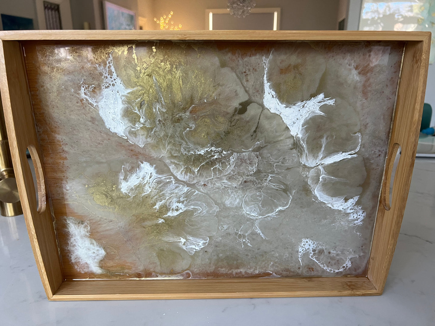 Taupe, gold and white bamboo wood tray