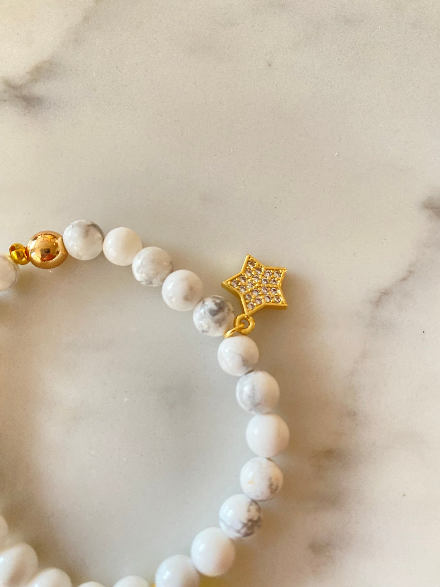 Natural gemstone bracelet with resin gummy bear charm and gold plated pave star charm
